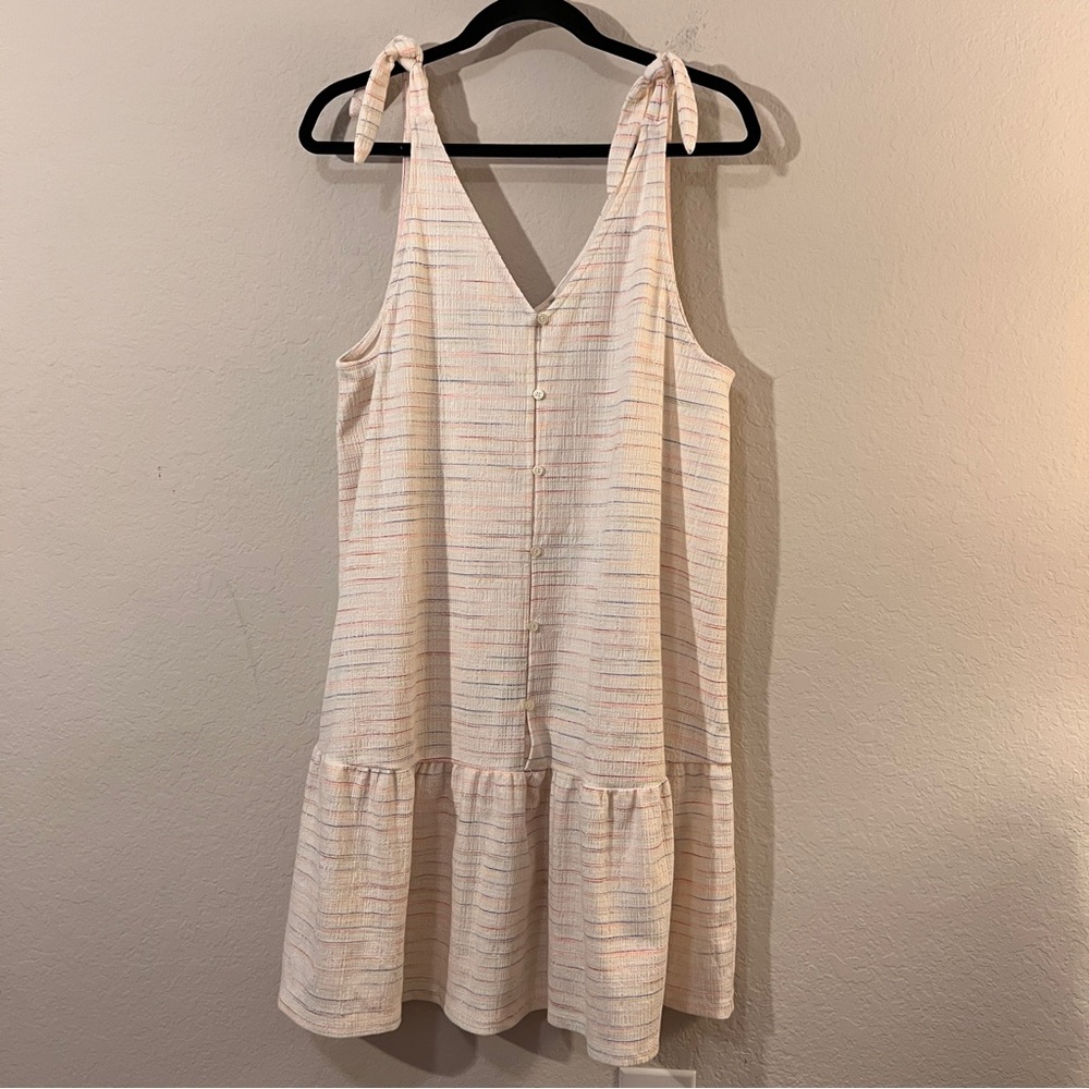 LOFT Large Petite White Multicolor Stripe Bow Strap Button Front Flounce Dress